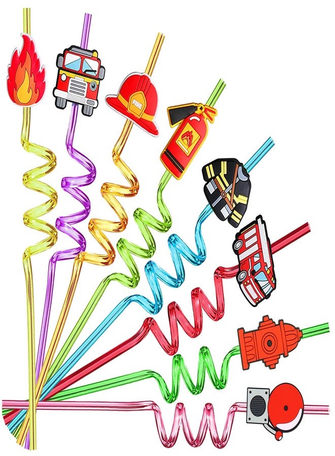 GREAWOD 24 PCS Fire Truck Party Favors Drinking Straws for Fire Truck Birthday Party Supplies,Suitable for fire truck themed party With 2 Pieces Straw Cleaning Brushes(8 color) - Image 1